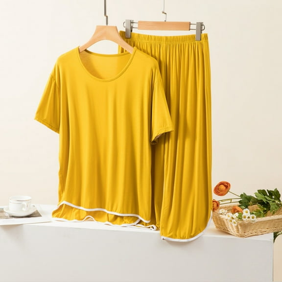 Gufahion Pajamas for Women Set Short Sleeve Sleep Shirt Sleepwear Top and Capris 2 Piece Loungewear