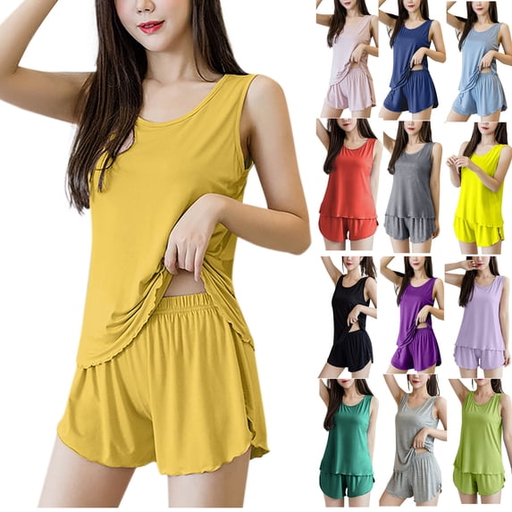 Gufahion Pajamas for Women Set Tank Top and Shorts 2 Piece Nightwear Women Pajama Set Round Neck Summer Sleepwear Set