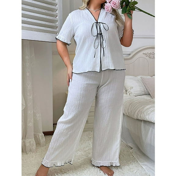 Gufahion Plus Size Pajamas for Women Set Bow Tie Short Sleeve Top and Long Pants Sleepwear Ruffle Loungewear Pajamas