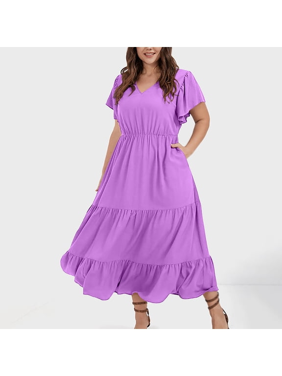 Plus Size Summer Dresses for Women 2023 Party Boho Maxi Long Dress Wrap V Neck Short Sleeve Ruffle Hem Dress Party Wedding Guest Dresses,Purple