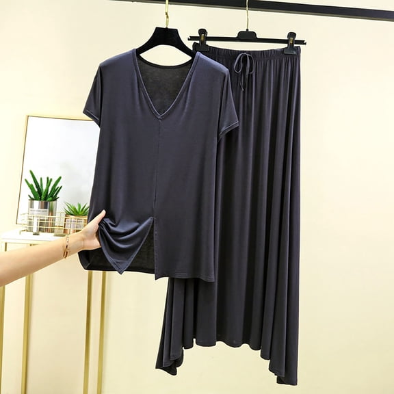 Gufahion Short Sleeve Summer Tops V Neck T-Shirts Front Slit and Midi Skirts Pajamas for Women Set Loungewear Nightwear