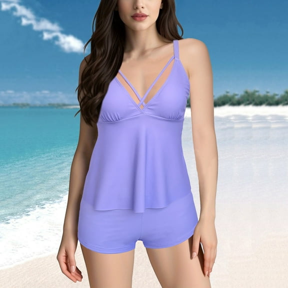 Gufahion Tankinis Swimsuits for Women Ruched Bathing Suits 2 Piece V Neck Swim Tank Top with Boyshorts Swimwear