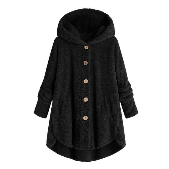 aoksee Winter Coats For Women, Women Plus Size Button Plush Tops Hooded Loose Cardigan Wool Coat Winter Jacket