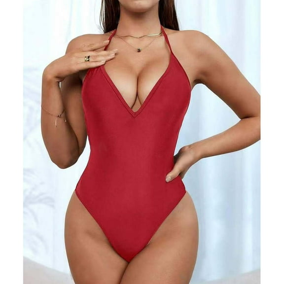 Gufahion Women's 1 Piece Swimsuits V Neck Bathing Suit Solid Color Swimwear Backless, L