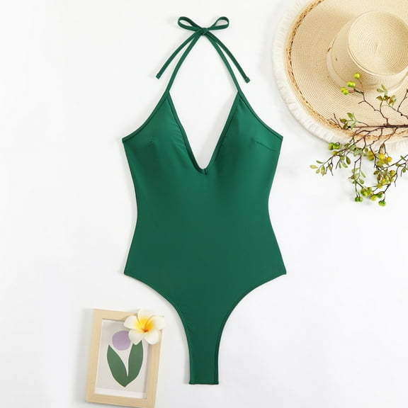 Gufahion Women's 1 Piece Swimsuits V Neck Bathing Suit Solid Color Swimwear Backless, L