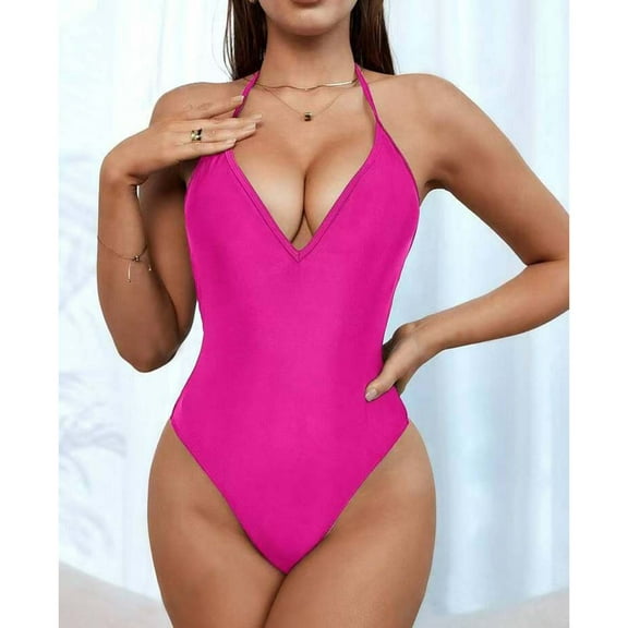 Gufahion Women's 1 Piece Swimsuits V Neck Bathing Suit Solid Color Swimwear Backless, XL