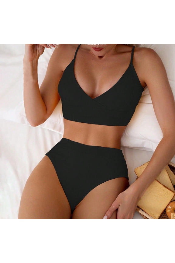 Women's Bikini Sets V Neck Swimsuit 2 Piece Bathing Suit, Spaghetti Strap Swimwear, L