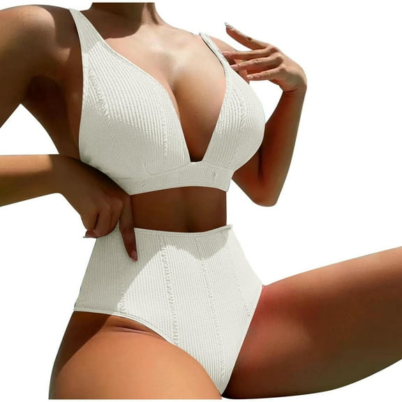 Gufahion Women's High Waisted Bikini Sets V Neck Swimsuits 2 Piece Bathing Suit Swimwear, L