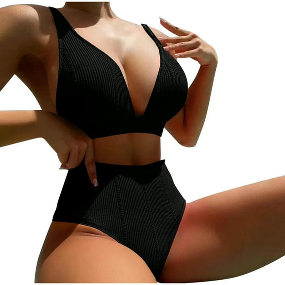 Gufahion Women's High Waisted Bikini Sets V Neck Swimsuits 2 Piece Bathing Suit Swimwear, S