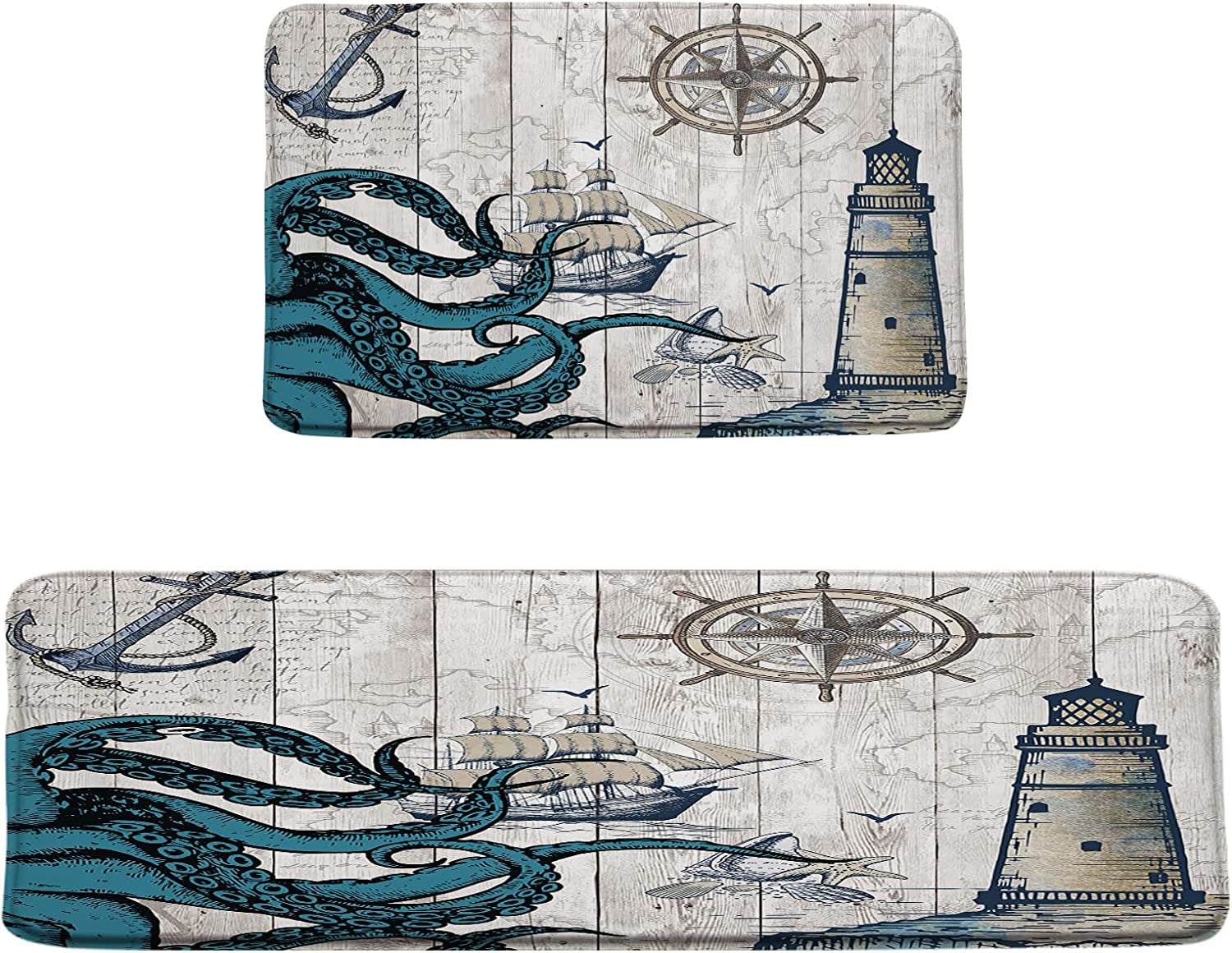 aoselan 2Pcs Nautical Octopus Ocean Kitchen Rug Sets Funny Kraken Lighthouse Anchor Area Rugs