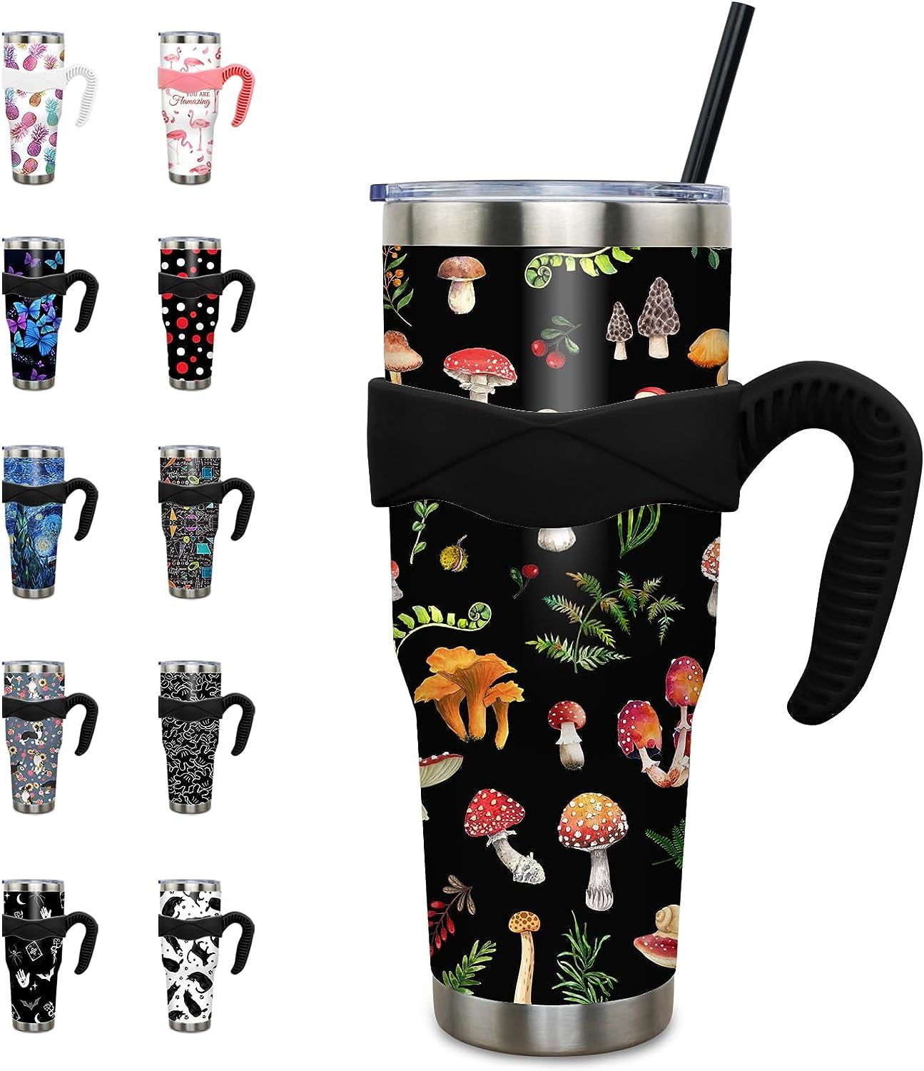 aoselan 40 oz Tumbler with Handle and Straw 40oz Mushroom Cup Insulated Coffee Travel Mug Spill