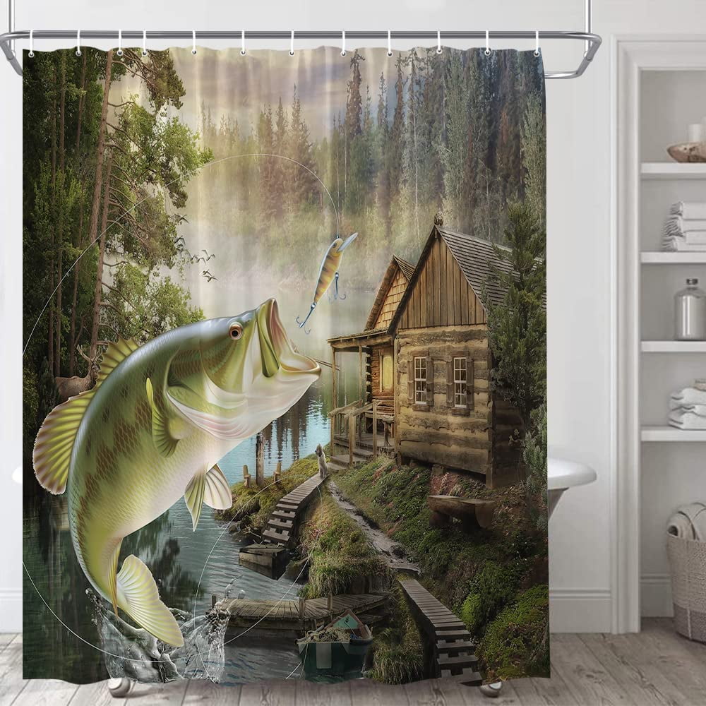 aoselan Farmhouse Cabin Shower Curtain Big Bass Fish Wildlife Animal  Hunting Wooden Plank Lodge Green Forest with Lake Countryside Natural  Scenery