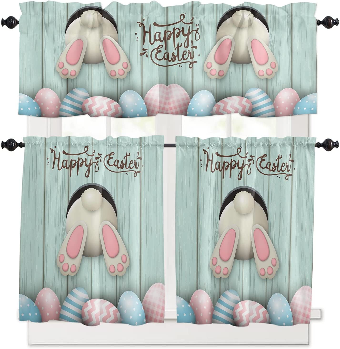 aoselan Happy Easter Bunny Curtain Valance and Tier Set,Teal Wood Grain ...