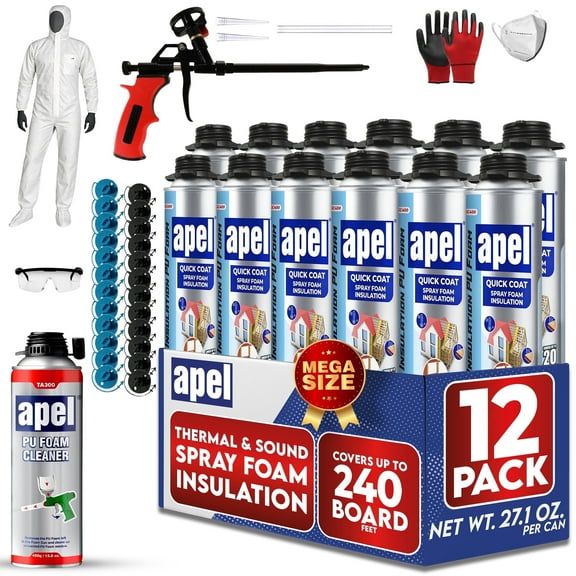 apel Spray Foam Insulation Kit (12 x 32.80 oz./240 Bd ft) Heat and Acoustic Insulation, Self Expanding Polyurethane Foam, Application Gun and Cleaner Included - 12 Pack