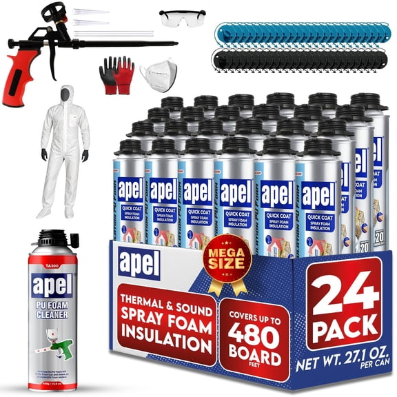 apel Spray Foam Insulation Kit (24 x 32.80 oz./480 Bd ft) Heat and Acoustic Insulation, Self Expanding Polyurethane Foam, Application Gun and Cleaner Included - 24 Pack