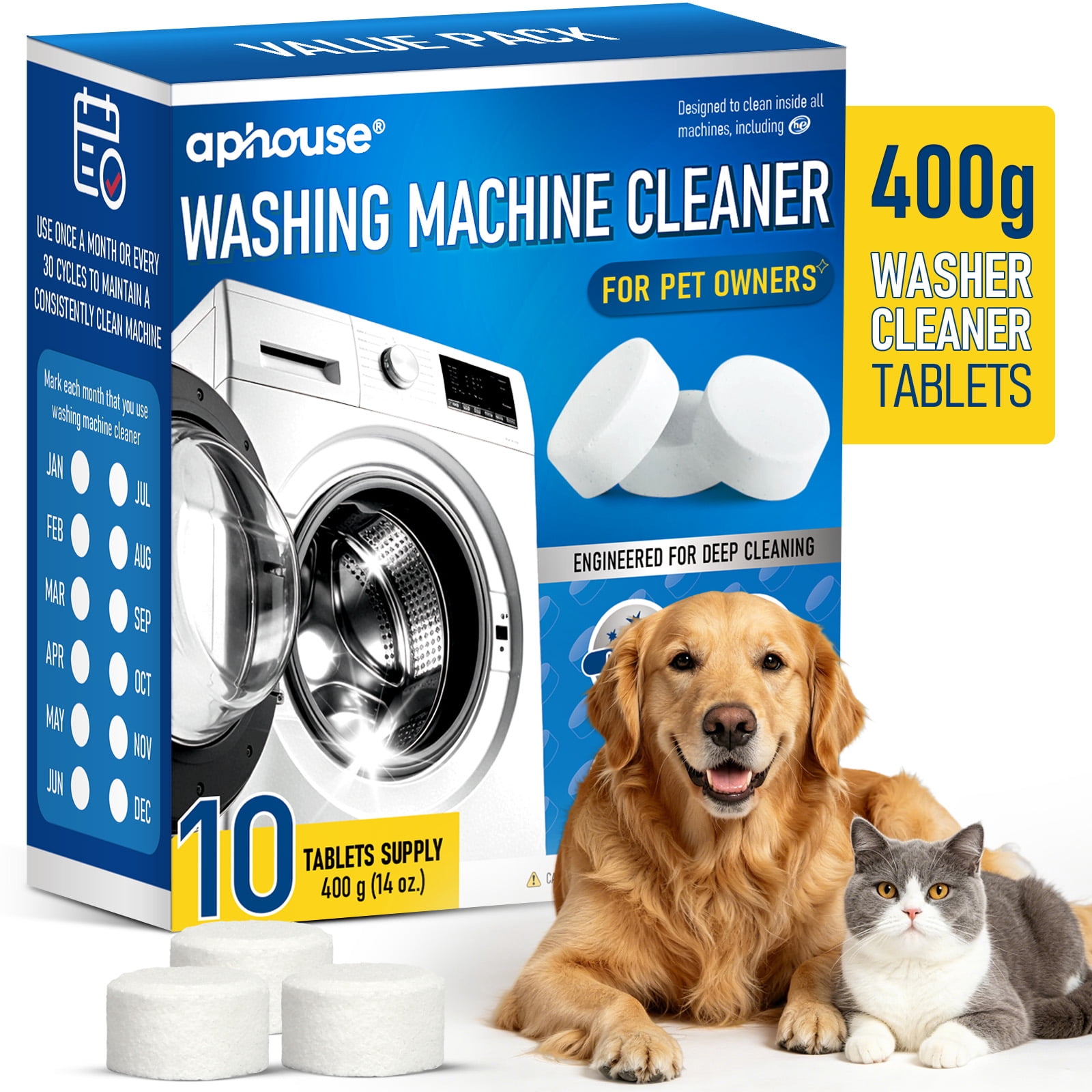 aphouse Pet Owner's Washing Machine Cleaner, 10 XL Count Tablet,  Dog and Cat Hair Remover, Deep Cleaning Odor Eliminator, 400g