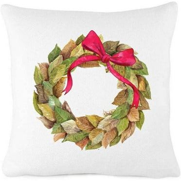 What for apparel Magnolia Christmas Wreath with Bow Throw Pillow Cover Farmhouse Décor Vintage Home Decorations Cotton Linen Couch Throw Home Decorations