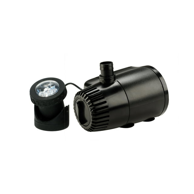 aquanique 140 GPH Fountain Pump Plus White LED Light With Low Water Auto Shut-Off - Black