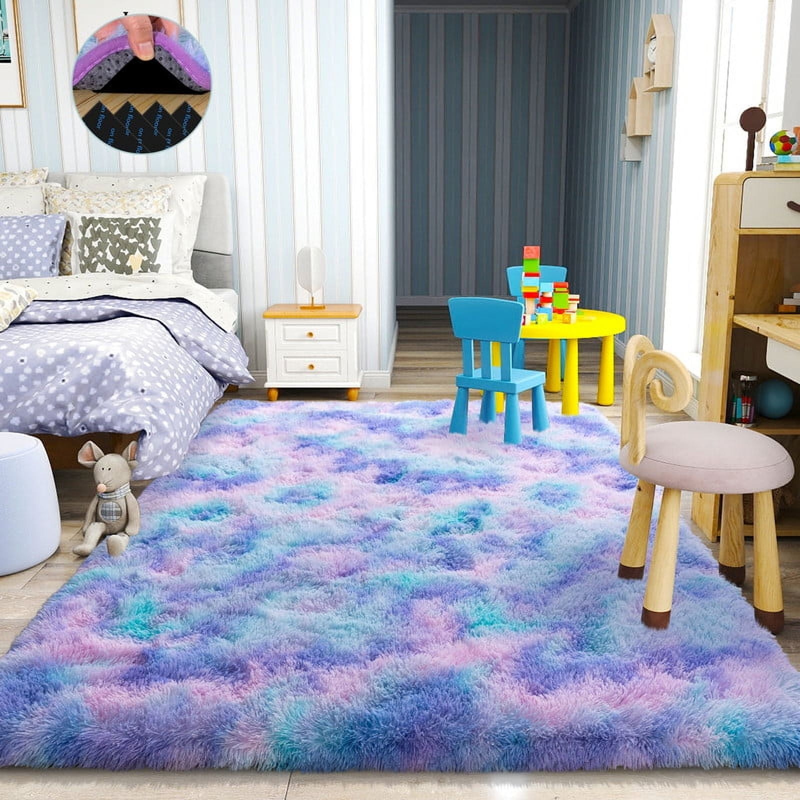 area rug 4x6ft for Bedroom Tie-dye orchid rainbow Rugs for Living Room Nursery bedroom rug Kids Room Dorm Home Decor Aesthetic, Fluffy Shaggy Rug with Anti-Slip Carpet Tapes Non-Slip Stickers