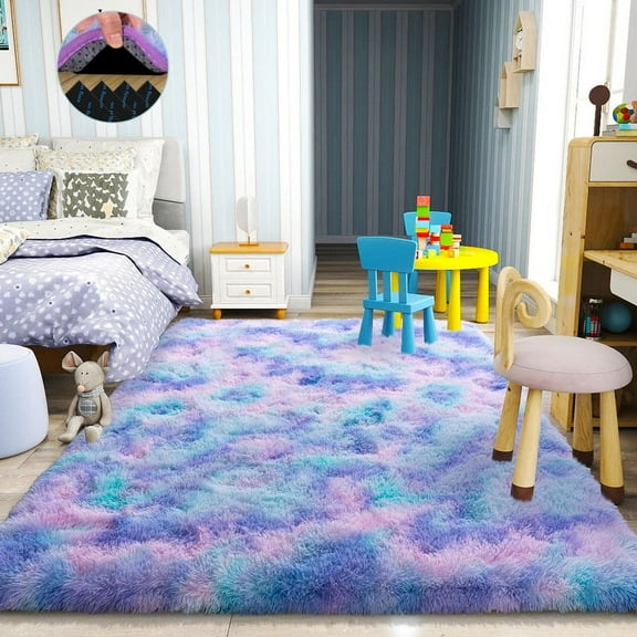 area rug 4x6ft for Bedroom Tie-dye orchid rainbow Rugs for Living Room Nursery bedroom rug Kids Room Dorm Home Decor Aesthetic, Fluffy Shaggy Rug with Anti-Slip Carpet Tapes Non-Slip Stickers