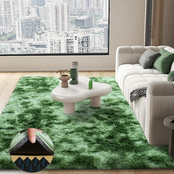 area rug for bedroom 5x7ft Area Rugs for Living Room, Large Fluffy Black Rugs for Bedroom, Soft Carpet Shag Kids Room Rug, Non-Slip Stickers Rugs Indoor Tie-Dye Dark Green