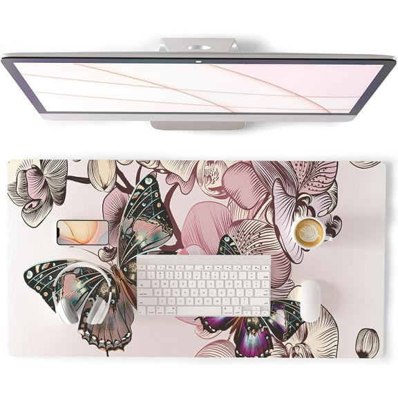 armdgodx Non Slip Waterproof PU Leather Large Desk Pad, 31.5x 15.7, Butterflies & Orchids