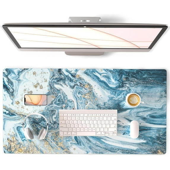 armdgodx Non Slip Waterproof PU Leather Multifunctional Desk Pad,31.5x 15.7, Blue White Marble