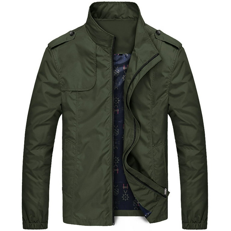 Hemlock Army Green Jackets for Men Men s Autumn Winter Casual Zipper Stand Collar Pocket Pure Color Jacket Coat Size 2XL