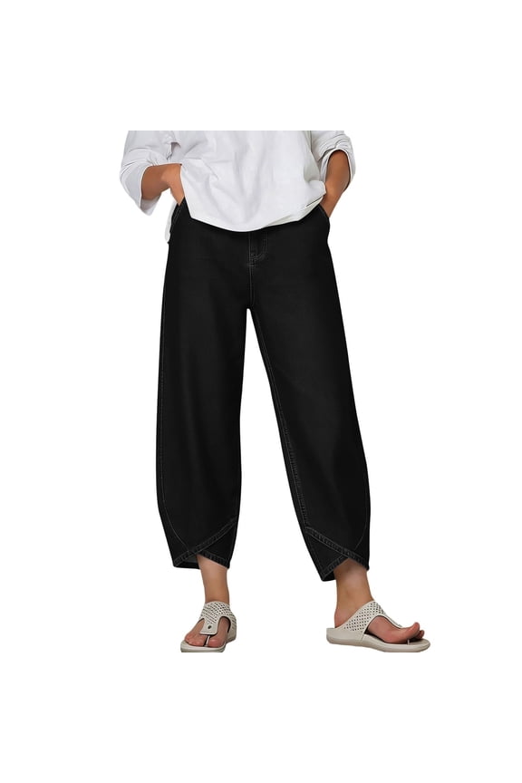arrel Leg Cropped Faux Jeans for Women High Rise Straight Leg Washed Tulip Hem Casual Denim Pants,S