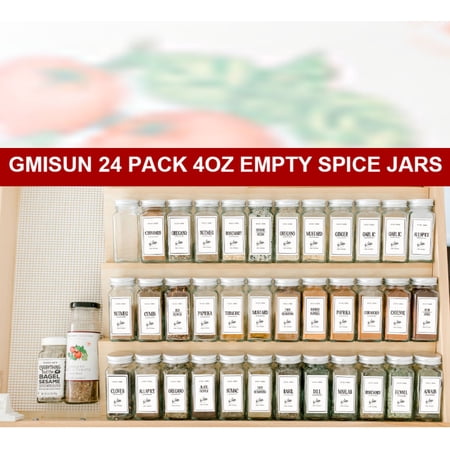 ars with Label, 24Pcs 4oz Empty Spice Bottles with Shaker Lids, Square Clear Spice Seasoning Containers Preprinted labels, Airtight Metal Caps, Refillable Stainless Funnel