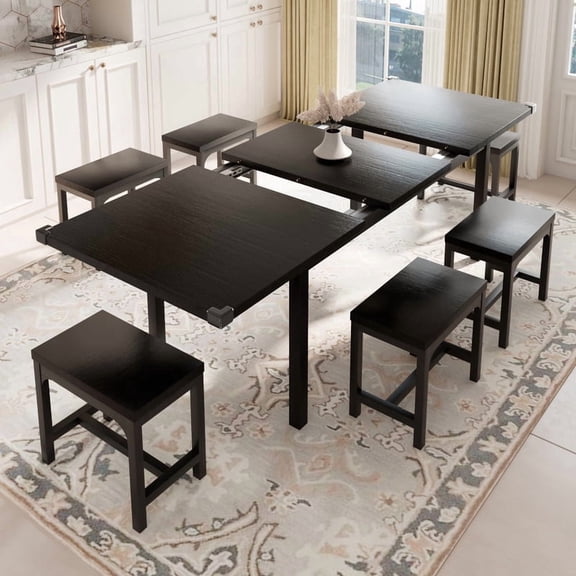 Einhomn 7-Piece Extendable Dining Table Set for 6, 63" Modern Kitchen Table with 6 Stools for Home Restaurant