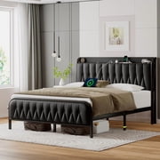 Einhomn Full Upholstered Platform Bed Frame with Faux Leather Storage Headboard & Footboard, Charging Station