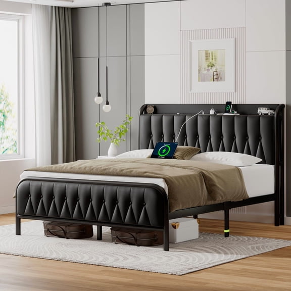 Einhomn Full Upholstered Platform Bed Frame with Faux Leather Storage Headboard & Footboard, Charging Station