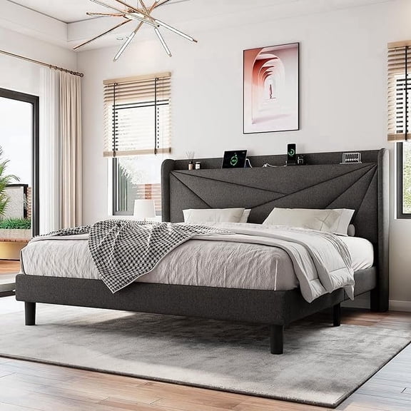 Einhomn Full Size Bed Frame with Charging Station, Wingback Upholstered Storage Headboard, Wood Slats Support, No Noise & No Box Spring Needed