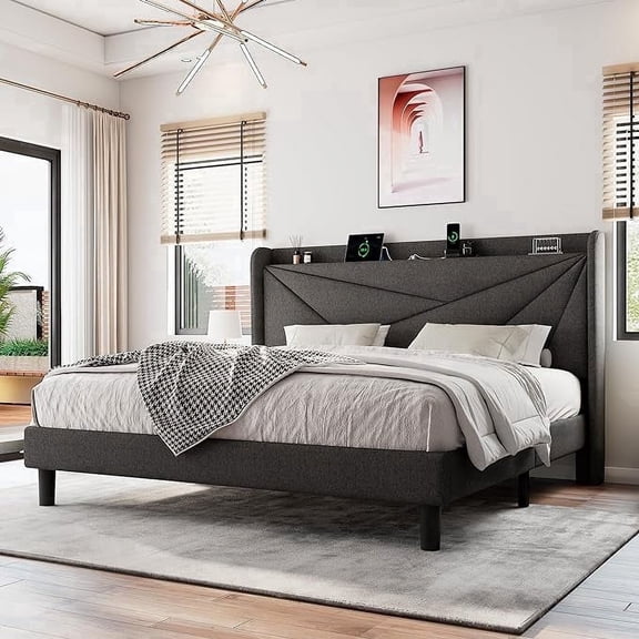 Einhomn Full Bed Frame with Charging Station, Upholstered Platform Bed with Wingback Storage Headboard, Dark Grey