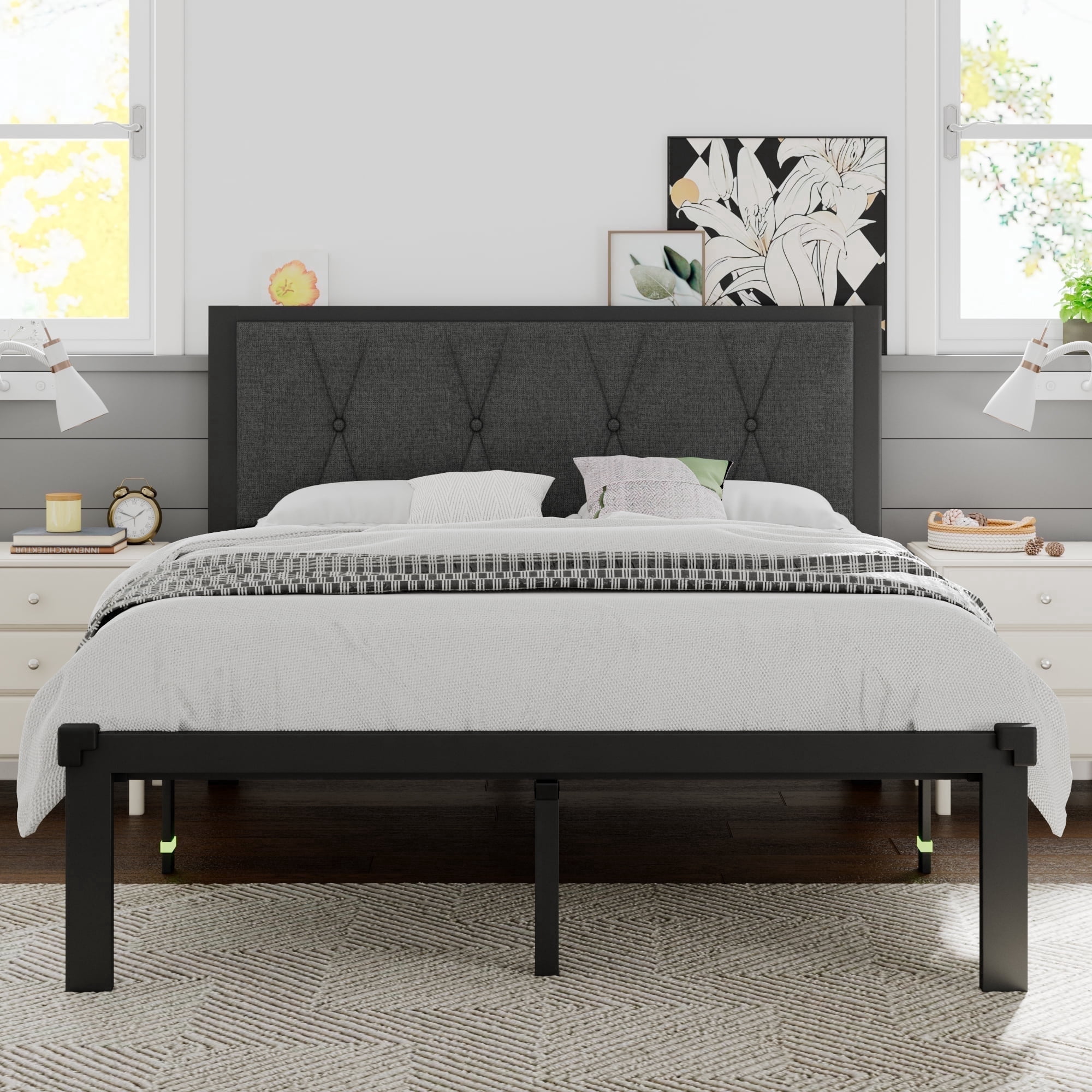 Einhomn Modern Metal Platform Bed Frame with Fabric Upholstered Headboard 12" Underbed Storage, Full Size