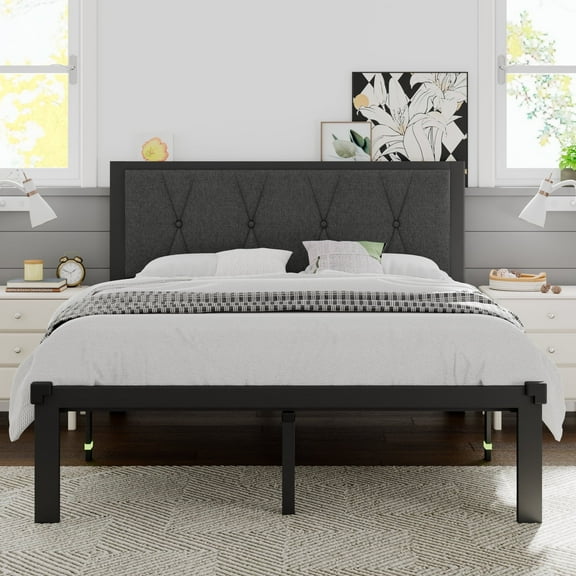 Einhomn Full Size Metal Platform Bed Frame,Fabric Upholstered Button Tufted Headboard& Underbed Storage, No Box Spring Needed, Easy Assembly, Dark Grey