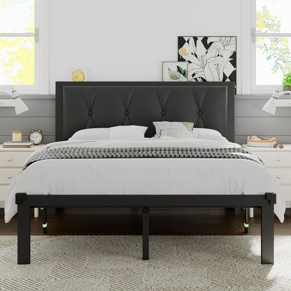 Einhomn Full Size Metal Platform Bed Frame,Faux Leather Button Tufted Headboard&12" Underbed Storage, No Box Spring Needed, Easy Assembly, Black