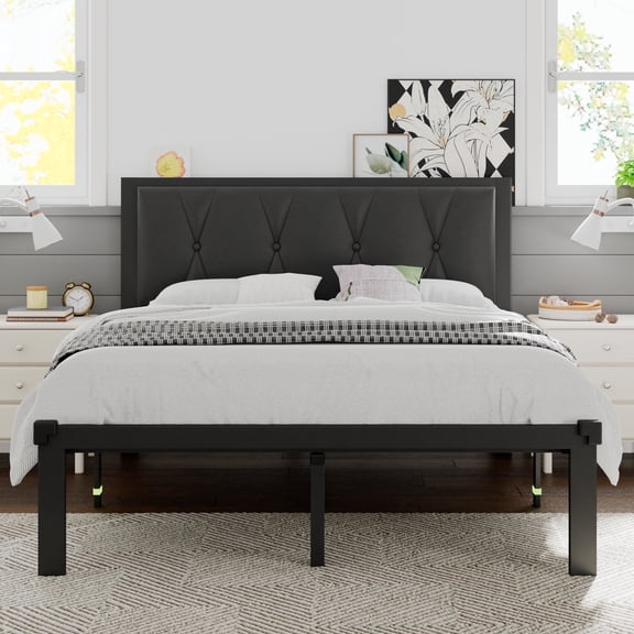 Einhomn Full Bed Frame with Leather Upholstered Headboard, 12" Underbed Storage, Easy Assembly