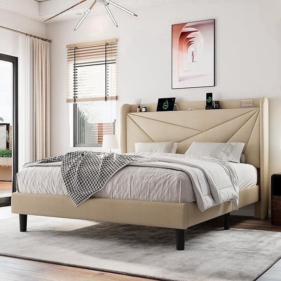 Einhomn Queen Size Bed Frame with Charging Station, Wingback Upholstered Storage Headboard, Wood Slats Support, No Noise & No Box Spring Needed