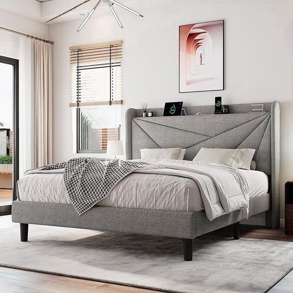 Einhomn Queen Bed Frame with Charging Station, Upholstered Platform Bed with Wingback Storage Headboard, Light Grey