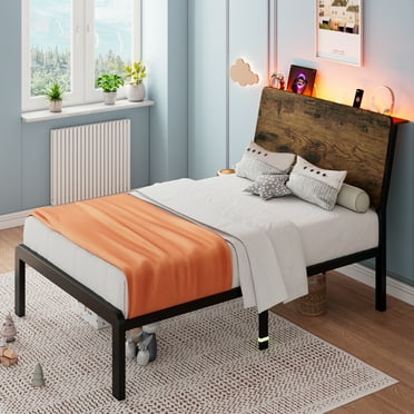 art Xuan Twin Size Bed Frame with Ergonomic Storage Headboard & Charging Station, LED Platform Bed Frame, Heavy Duty Metal Slats, No Box Spring Needed, Easy Assembly,Rustic