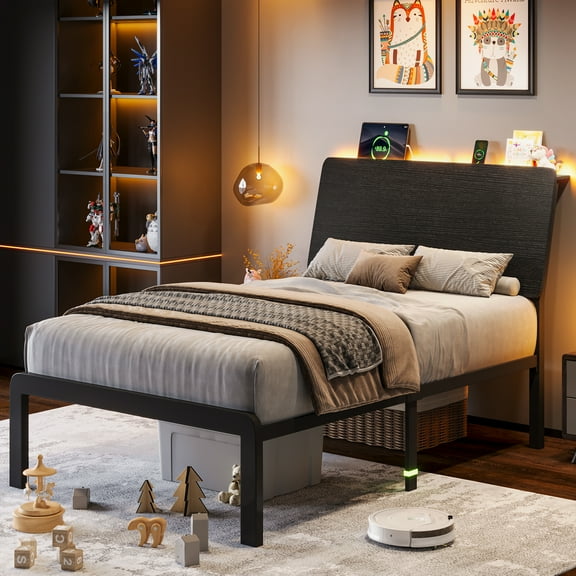 Einhomn Twin Size Bed Frame with LED Light & Charging Station,Wood Platform Bedframe with Storage Headboard,Heavy Duty Metal Slats,No Box Spring Needed,Black