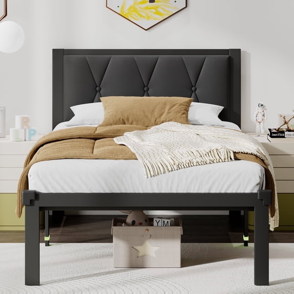 Einhomn Modern Metal Platform Bed Frame with Faux Leather Upholstered Headboard 12" Underbed Storage, Twin Size