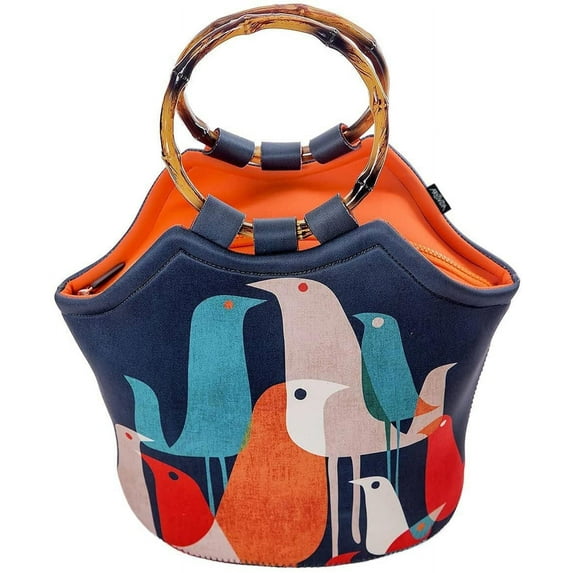 art of lunch large neoprene lunch bag purse 11" x 15" x 6" reusable insulated lunch bag with inside pocket - design by budi kwan (indonesia) - flock of birds