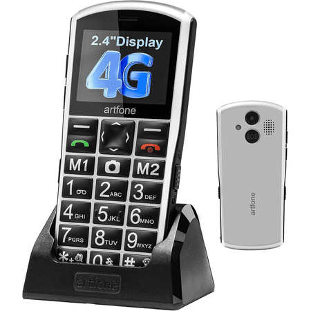 artfone A400, 4G LTE Cell Phone Unlocked (T-Mobile Unlocked), Cell Phone for Seniors, Dual SIM, Dumb Phone with Big Buttons, Camera, SOS Button, Charging Dock, Speed Dial, Senior Mobile Phone, Sliver