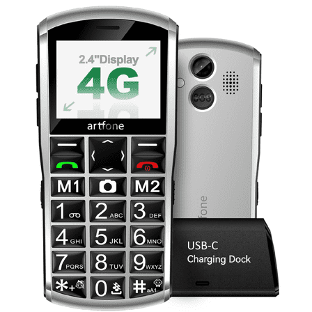 artfone A400 Silver, 4G VoLTE Large Button Cell Phone for Seniors, Unlocked Phones with SOS Button, 2MP Camera, 2.4" Display, Loud Speaker, Charging Dock, Dual SIM, Speed Dial, Hands-free, Dumb Phone
