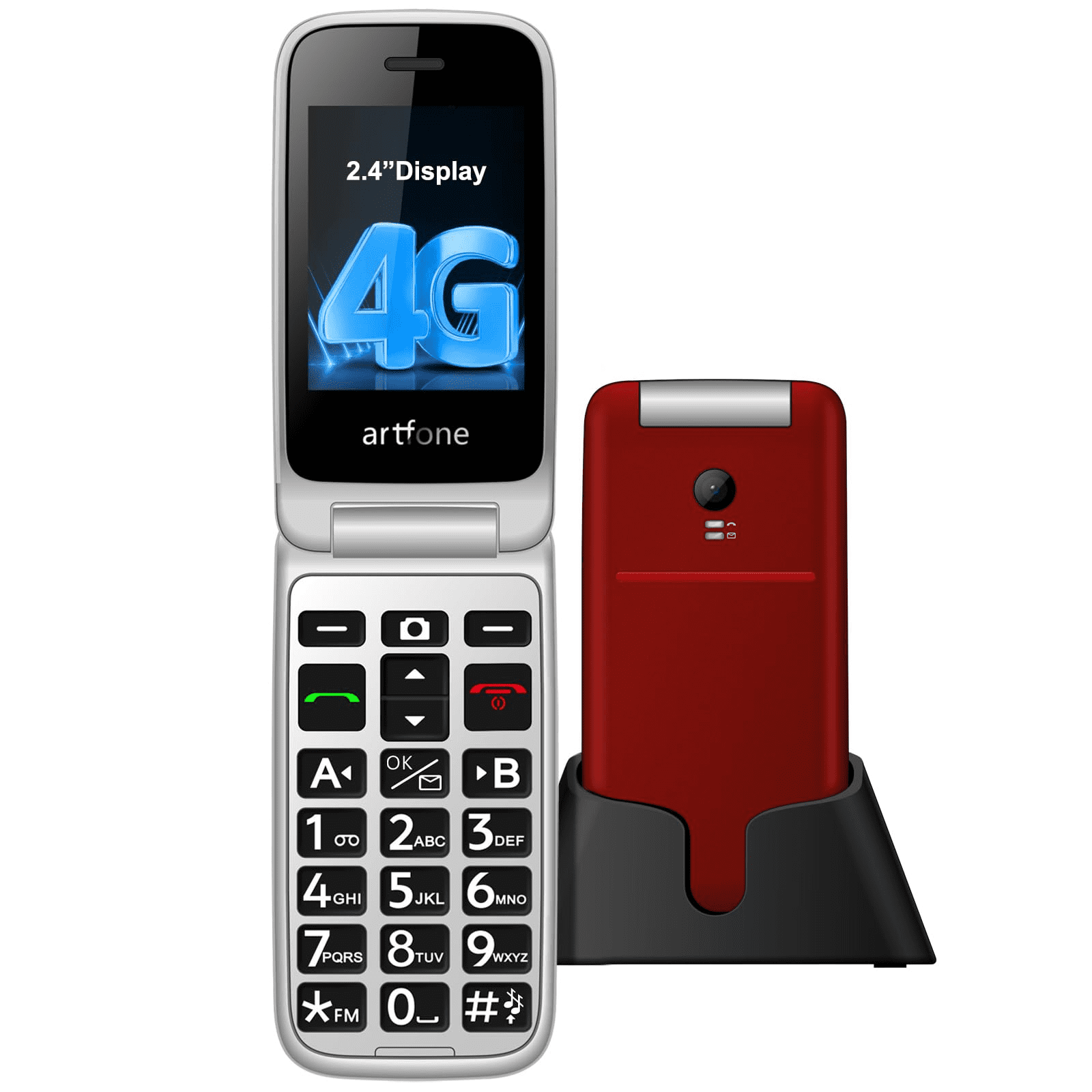 artfone G3 - Flip Phone Unlocked for Seniors, 4G LTE Basic Phone, Seniors Flip Phone with Big Buttons, SOS Button, Speed Dial, Bluetooth, Camera, FM Radio, Charging Dock, Dumb Phone, Red