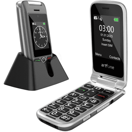 artfone G6 - 4G LTE Flip Phone Unlocked, Cell Phone for Seniors, Dual Screen, Seniors Flip Phone, Large Button Keypad, SOS Button, Camera, Flashlight, Charging Dock, Speed Dial, Dumb Phone, Grey