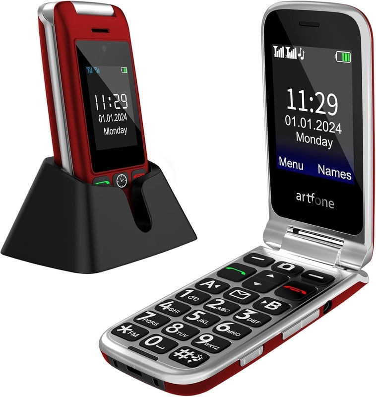 artfone G6 - 4G LTE Flip Phone Unlocked, Cell Phone for Seniors, Dual Screen, Seniors Flip Phone, Large Button Keypad, SOS Button, Camera, Flashlight, Charging Dock, Speed Dial, Dumb Phone, Red